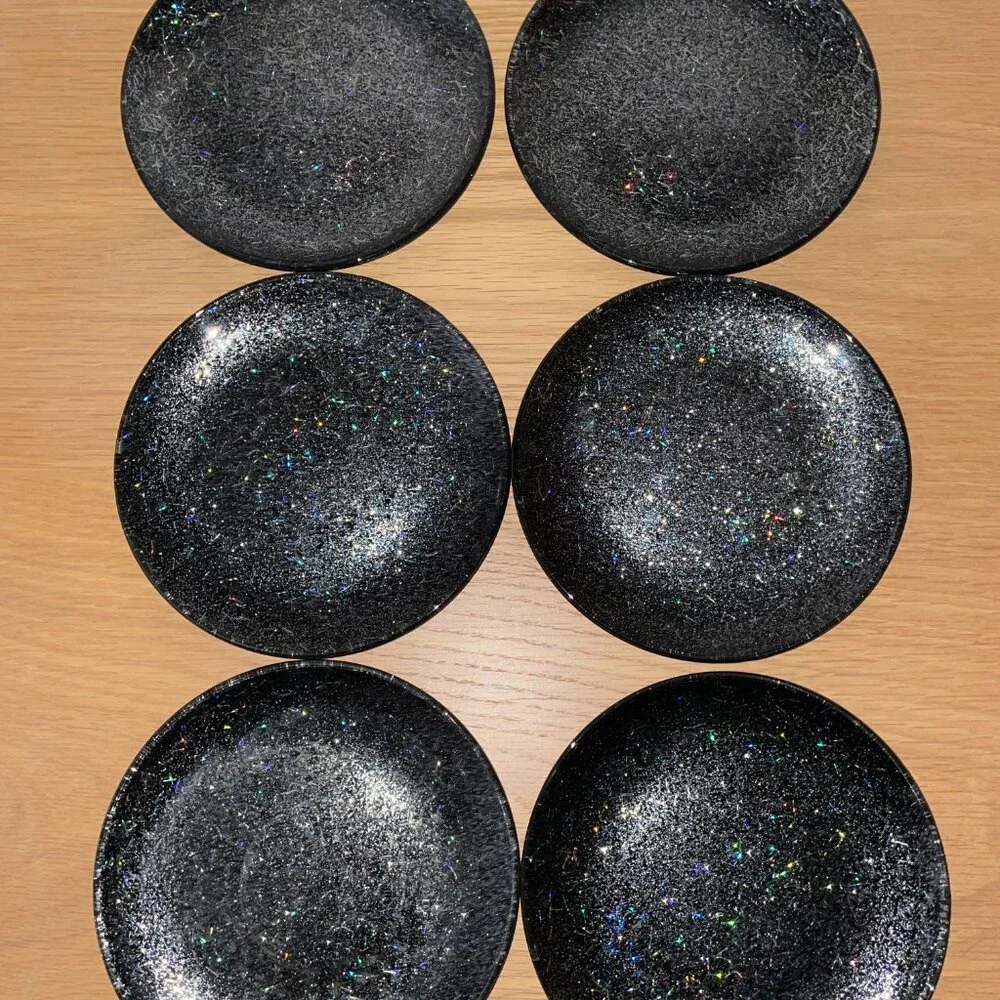 Crate&Barrel Glitter Appetizer Black 6 inch Dessert Plates, Set of 6, BRAND NEW